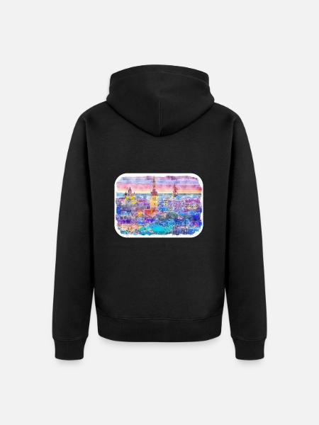 Estonia Landmark Watercolor Sketch Rysunek farby - Ekologiczna rozpinana bluza z kapturem Premium unisex - czarny