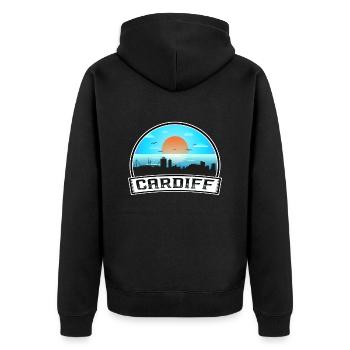 Cardiff Wales Skyline Vintage Sunset Travel Souven - Unisex Premium Bio Zip Hoodie - Schwarz - Hinten - Nico (187cm)