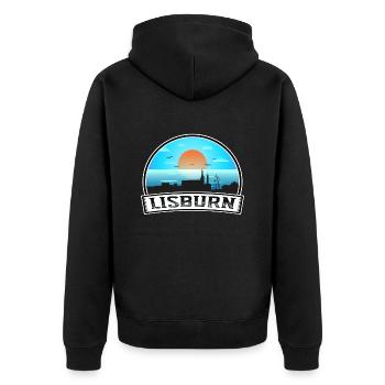 Lisburn Nordirland Skyline Vintage Sunset Tr - Unisex Premium Bio Zip Hoodie - Schwarz - Hinten - Nico (187cm)