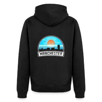 Manchester England Skyline Vintage Sunset Travel S - Unisex Premium Bio Zip Hoodie - Schwarz - Hinten - Nico (187cm)