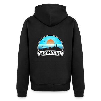 Shanghai China Skyline Vintage Sunset Travel Souve - Unisex Premium Bio Zip Hoodie - Schwarz - Hinten - Nico (187cm)