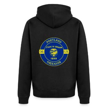 Portland Oregon Flagge USA Reise Souvenir Abzeichen - Unisex Premium Bio Zip Hoodie - Schwarz - Hinten - Nico (187cm)