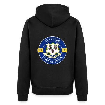Stamford Connecticut Flagge USA Souvenir Abzeichen - Unisex Premium Bio Zip Hoodie - Schwarz - Hinten - Nico (187cm)
