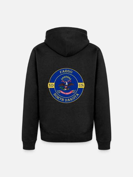 Fargo North Dakota Flag USA Travel Souvenir Badge - Felpa con cappuccio ecologica premium unisex - nero