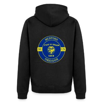 Medford Oregon Flagge USA Reise Souvenir Abzeichen - Unisex Premium Bio Zip Hoodie - Schwarz - Hinten - Nico (187cm)