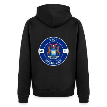 Troy Michigan Flagge USA Reise Souvenir Abzeichen - Unisex Premium Bio Zip Hoodie - Schwarz - Hinten - Nico (187cm)