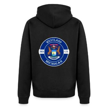 Westland Michigan Flagge USA Reise Souvenir Abzeichen - Unisex Premium Bio Zip Hoodie - Schwarz - Hinten - Nico (187cm)