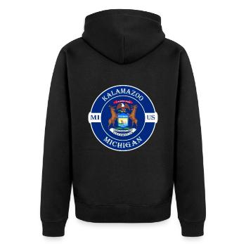 Kalamazoo Michigan Flagge USA Reise Souvenir Abzeichen - Unisex Premium Bio Zip Hoodie - Schwarz - Hinten - Nico (187cm)