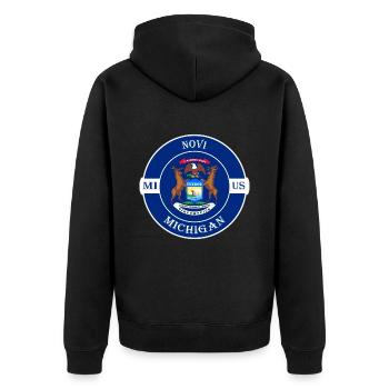 Novi Michigan Flagge USA Reise Souvenir Abzeichen - Unisex Premium Bio Zip Hoodie - Schwarz - Hinten - Nico (187cm)