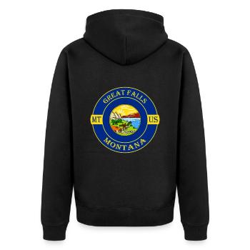 Great Falls ntana Flag USA Travel Souvenir Badge - Unisex Premium Organic Zip Hoodie - black - Back - Nico (187cm)