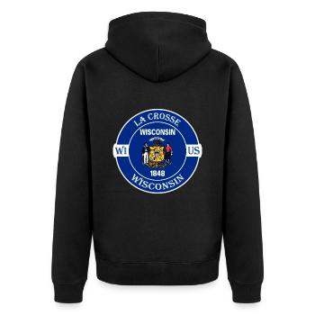 La Crosse Wisconsin Flagge USA Reise Souvenir Abzeichen - Unisex Premium Bio Zip Hoodie - Schwarz - Hinten - Nico (187cm)