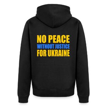 No peace without justice for ukraine - Unisex Premium Organic Zip Hoodie - black - Back - Nico (187cm)