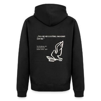 Zitat Dichter Frieden Krieg - Unisex Premium Bio Zip Hoodie - Schwarz - Hinten - Nico (187cm)