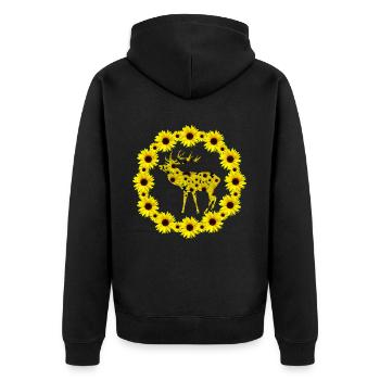 wilder Hirsch mit Sonnenblumen, Sonnenblume blumig - Unisex Premium Bio Zip Hoodie - Schwarz - Hinten - Nico (187cm)