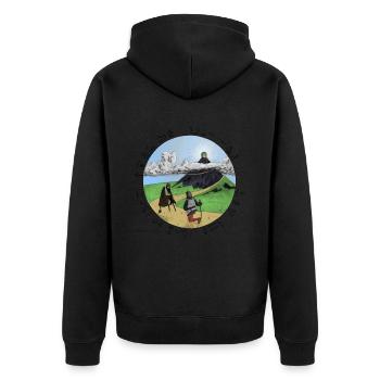 Nachsinn, schwarze Schrift - Unisex Premium Bio Zip Hoodie - Schwarz - Hinten - Nico (187cm)