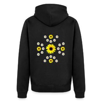 gelbe Sonnenblumen und Margeriten Blüte blumig - Unisex Premium Bio Zip Hoodie - Schwarz - Hinten - Nico (187cm)