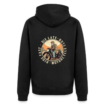 Cooler alter Biker Opa - Motorrad Opa - Unisex Premium Bio Zip Hoodie - Schwarz - Hinten - Nico (187cm)