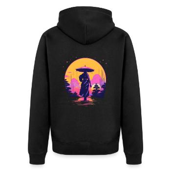Synthwave Japan traditional woman with umbrella - Unisex Premium Bio Zip Hoodie - Schwarz - Hinten - Nico (187cm)