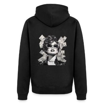 Frau mit Sonnenbrille Lederjacke Geld - Unisex Premium Bio Zip Hoodie - Schwarz - Hinten - Nico (187cm)