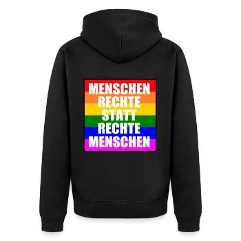 menschenrechte statt rechte menschen - Unisex Premium Bio Zip Hoodie - Schwarz - Hinten - Nico (187cm)