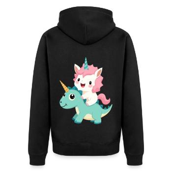 Kawaii Einhorn Reiten Dino – Niedliches Fantasietier - Unisex Premium Bio Zip Hoodie - Schwarz - Hinten - Nico (187cm)