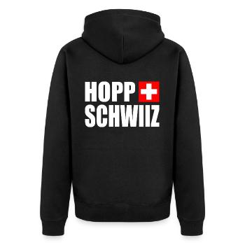 Hopp schwiiz - Unisex Premium Bio Zip Hoodie - Schwarz - Hinten - Nico (187cm)