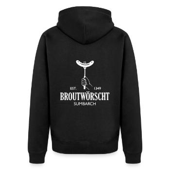Broutwörscht Sumbarch EST. 1349 - Unisex Premium Bio Zip Hoodie - Schwarz - Hinten - Nico (187cm)