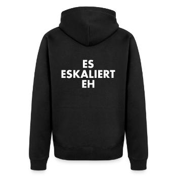 Es eskaliert eh - Unisex Premium Bio Zip Hoodie - Schwarz - Hinten - Nico (187cm)