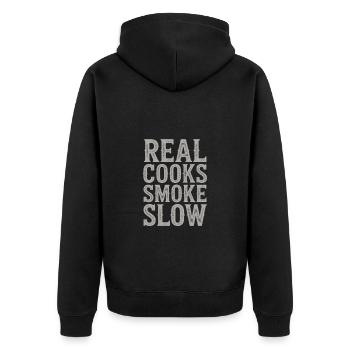 Real Cooks Smoke Slow Meat Smoking - Unisex Premium Organic Zip Hoodie - black - Back - Nico (187cm)