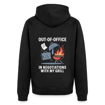 Out of Office In Negotiations with My Grill Labor - Unisex Premium Bio Zip Hoodie - Schwarz - Hinten - Nico (187cm)