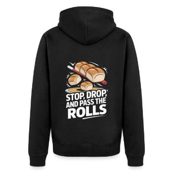 Arrêtez-vous, laissez tomber et passez les rouleaux Thanksgiving - Veste à capuche bio Premium Unisexe - noir - Dos - Nico (187cm)