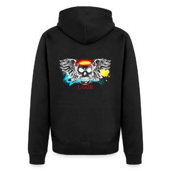 L.Gor stylischer Totenkopf - Unisex Premium Bio Zip Hoodie - Schwarz - Hinten - Nico (187cm)