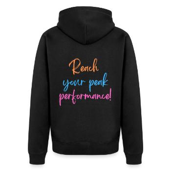 KDFA I Reach your peak performance! - Unisex Premium Bio Zip Hoodie - Schwarz - Hinten - Nico (187cm)