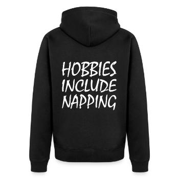 Hobbies include napping - Unisex Premium Organic Zip Hoodie - black - Back - Nico (187cm)