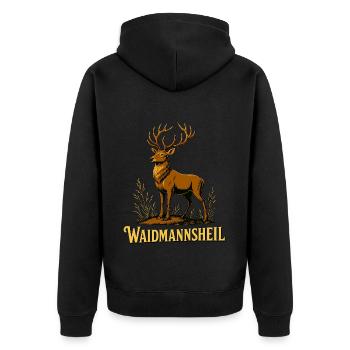 Waidmannsheil Hirsch Jäger - Unisex Premium Bio Zip Hoodie - Schwarz - Hinten - Nico (187cm)