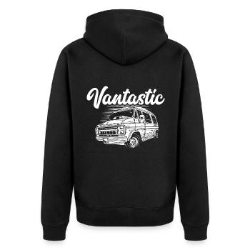 Van Life Wohnmobil Camping Freugeist Reisen - Unisex Premium Bio Zip Hoodie - Schwarz - Hinten - Nico (187cm)