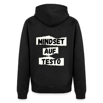 mindset auf testo - Unisex Premium Bio Zip Hoodie - Schwarz - Hinten - Nico (187cm)