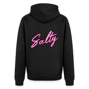 Salty Salzig Schriftzug für Frauen und Männer - Unisex Premium Bio Zip Hoodie - Schwarz - Hinten - Nico (187cm)