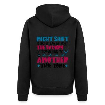 Night Shift is like jet lag - Unisex Premium Bio Zip Hoodie - Schwarz - Hinten - Nico (187cm)