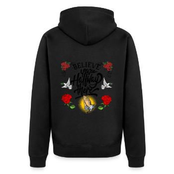 Belive and you are halfway there. - Unisex Premium Bio Zip Hoodie - Schwarz - Hinten - Nico (187cm)
