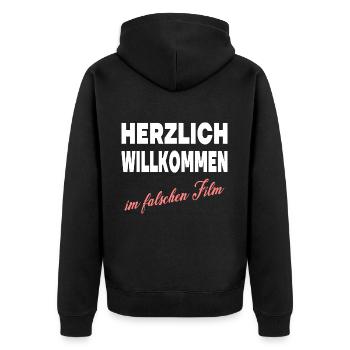 HERZLICH WILLKOMMEN IM FALSCHEN FILM - Unisex Premium Bio Zip Hoodie - Schwarz - Hinten - Nico (187cm)