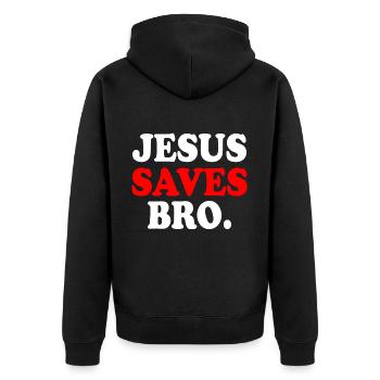 Jesus saves bro - Unisex Premium Bio Zip Hoodie - Schwarz - Hinten - Nico (187cm)