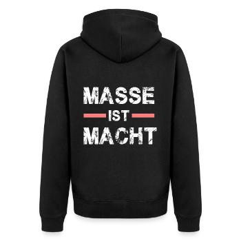 Masse ist Macht für kräftige Leute - Unisex Premium Bio Zip Hoodie - Schwarz - Hinten - Nico (187cm)