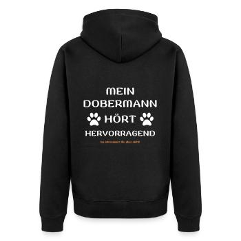 mein dobermann hört hunde spruch geschenk idee - Unisex Premium Bio Zip Hoodie - Schwarz - Hinten - Nico (187cm)