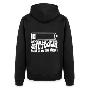 Ein Prozent Batterie vor der Abschaltung - Unisex Premium Bio Zip Hoodie - Schwarz - Hinten - Nico (187cm)