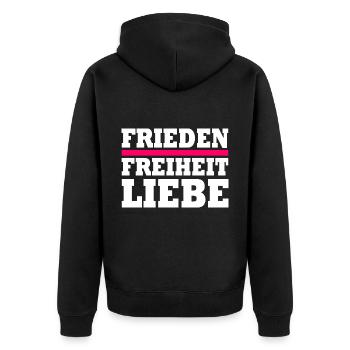 Frieden freiheit liebe - Unisex Premium Bio Zip Hoodie - Schwarz - Hinten - Nico (187cm)
