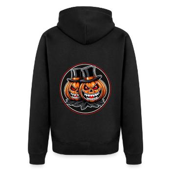 Zwei grinsende Halloweenkürbisse mit Zylinder - Unisex Premium Bio Zip Hoodie - Schwarz - Hinten - Nico (187cm)