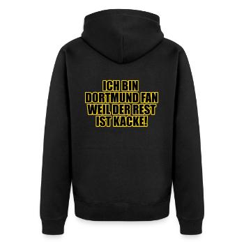 Ich bin Dortmund Fan weil der Rest ist kacke! - Unisex Premium Bio Zip Hoodie - Schwarz - Hinten - Nico (187cm)