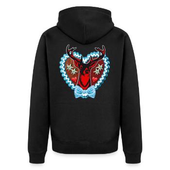 33 Lebkuchenherz Wiesn Hirsch Edelweiss Schleife - Unisex Premium Bio Zip Hoodie - Schwarz - Hinten - Nico (187cm)