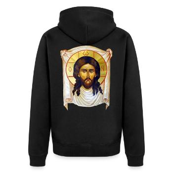 Low-Poly-Jesus-Ikone - Unisex Premium Bio Zip Hoodie - Schwarz - Hinten - Nico (187cm)